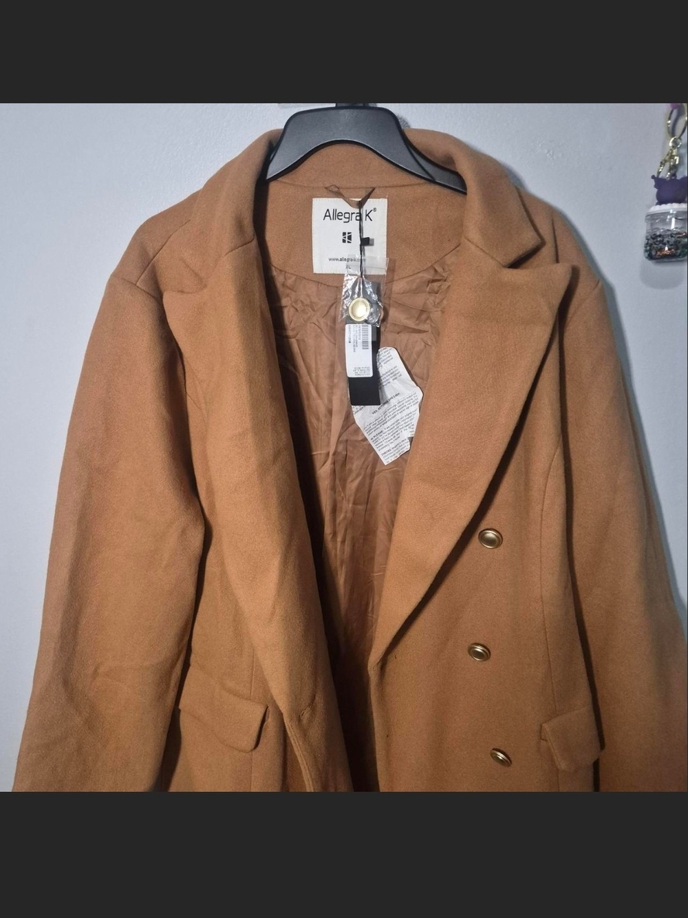 Allegra K Women's Camel Double-Breasted Pea Coat with Gold Buttons